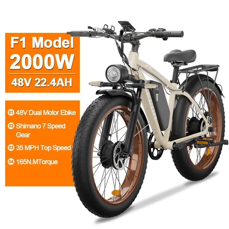 Zgeer F1 2000W Fat Tire E-Bike – 48V, Dual Battery, Full Suspension