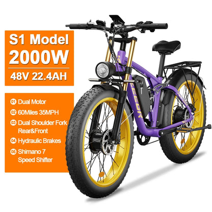 Zgeer F1 2000W Fat Tire E-Bike – 48V, Dual Battery, Full Suspension