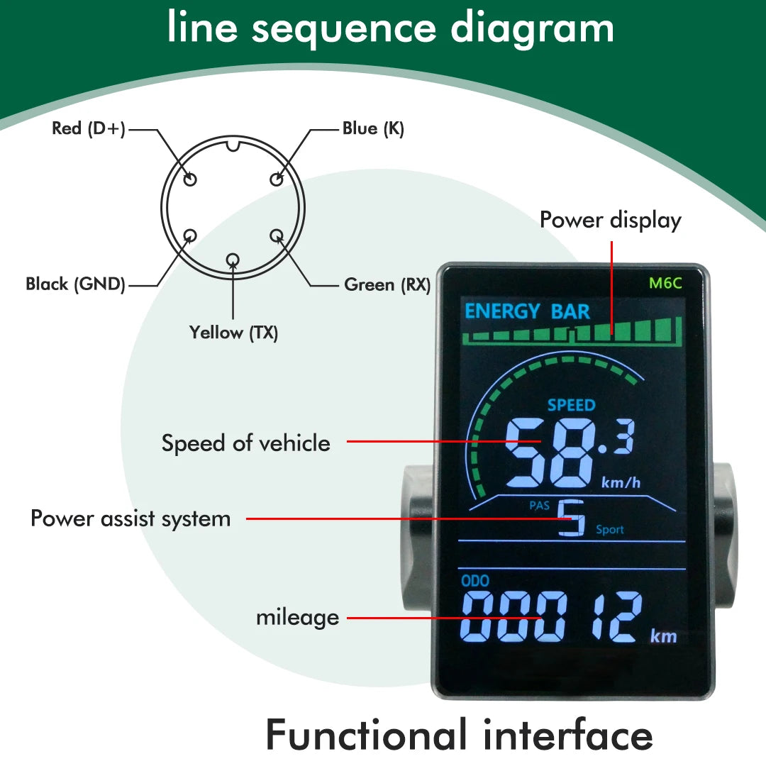 M6C Electric Bike Speedometer – UART2, Waterproof, Multi-Voltage