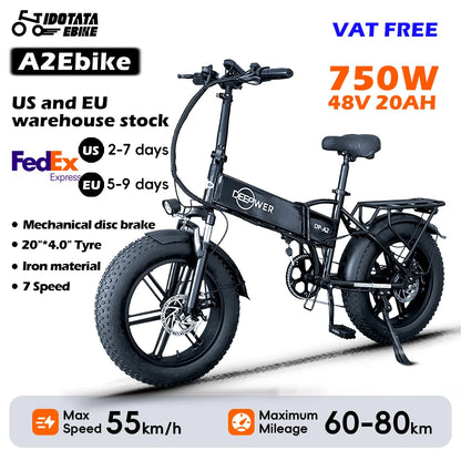 IDOTATA A2 Folding Electric Bike – 750W, 48V, 20” Fat Tire