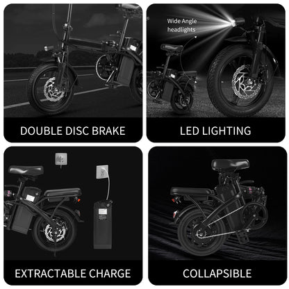 T1 Foldable 14” E-Bike – 400W, Dual Disc Brakes, Basket, 48V