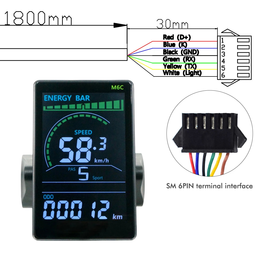 M6C Electric Bike Speedometer – UART2, Waterproof, Multi-Voltage