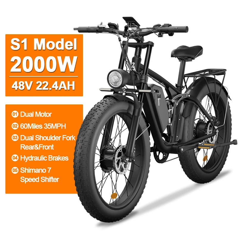 Zgeer F1 2000W Fat Tire E-Bike – 48V, Dual Battery, Full Suspension