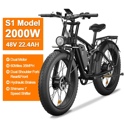 Zgeer F1 2000W Fat Tire E-Bike – 48V, Dual Battery, Full Suspension