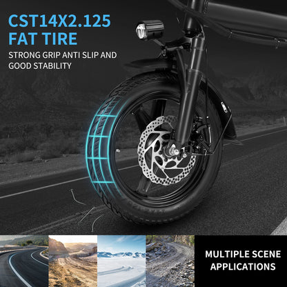 T1 Foldable 14” E-Bike – 400W, Dual Disc Brakes, Basket, 48V