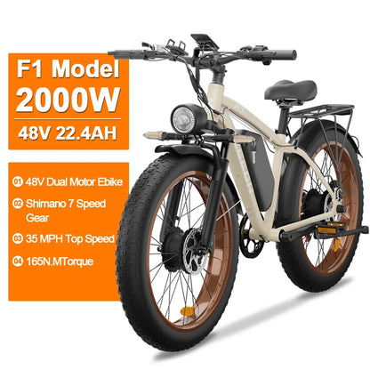 Zgeer F1 2000W Fat Tire E-Bike – 48V, Dual Battery, Full Suspension