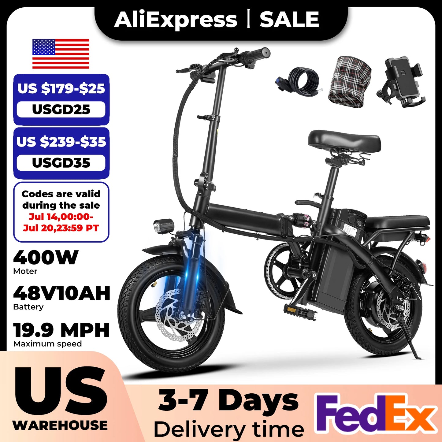 T1 Foldable 14” E-Bike – 400W, Dual Disc Brakes, Basket, 48V