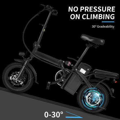 T1 Foldable 14” E-Bike – 400W, Dual Disc Brakes, Basket, 48V