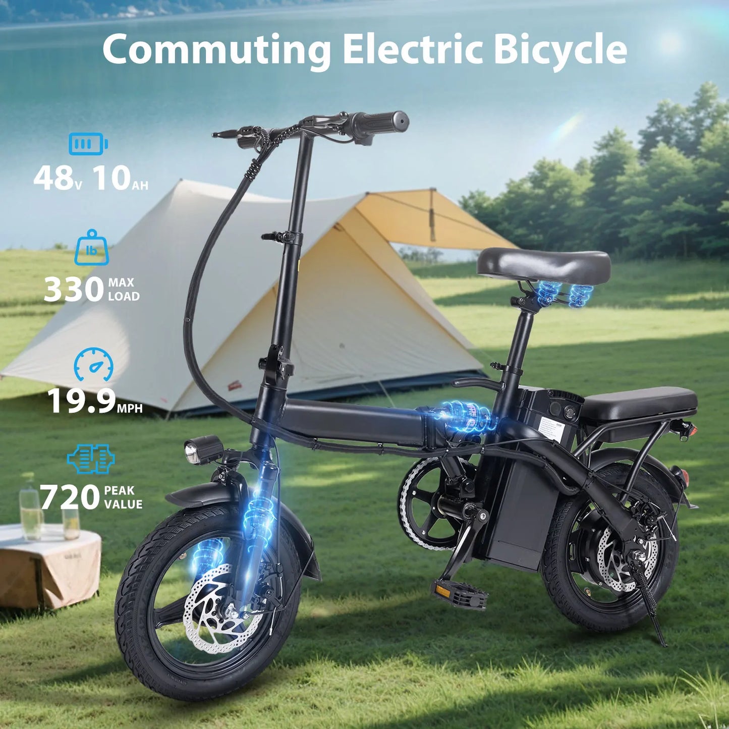 T1 Foldable 14” E-Bike – 400W, Dual Disc Brakes, Basket, 48V